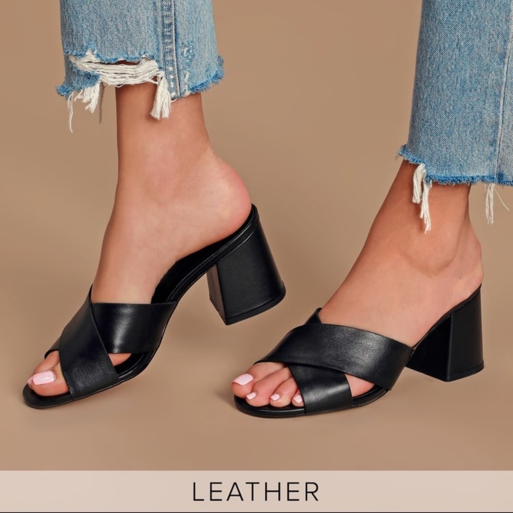 Henri Black Nappa Leather Peep-Toe Mules - Lulus - Size 9